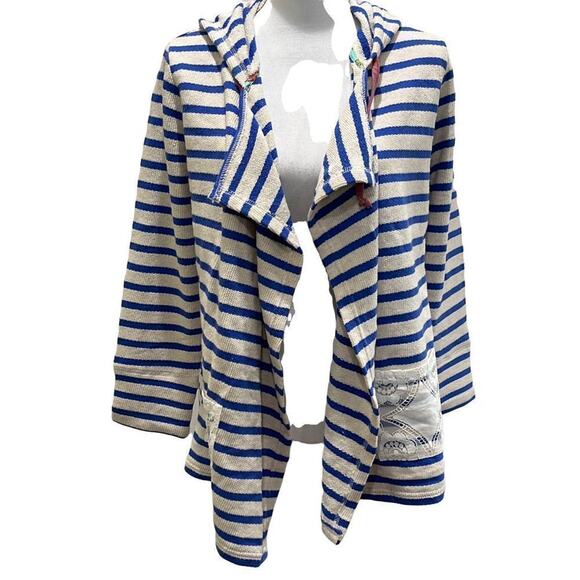 Matilda Jane‎ Women's S Open Front Midway Hood Cardigan Blue White Stripe Beach - Picture 3 of 7